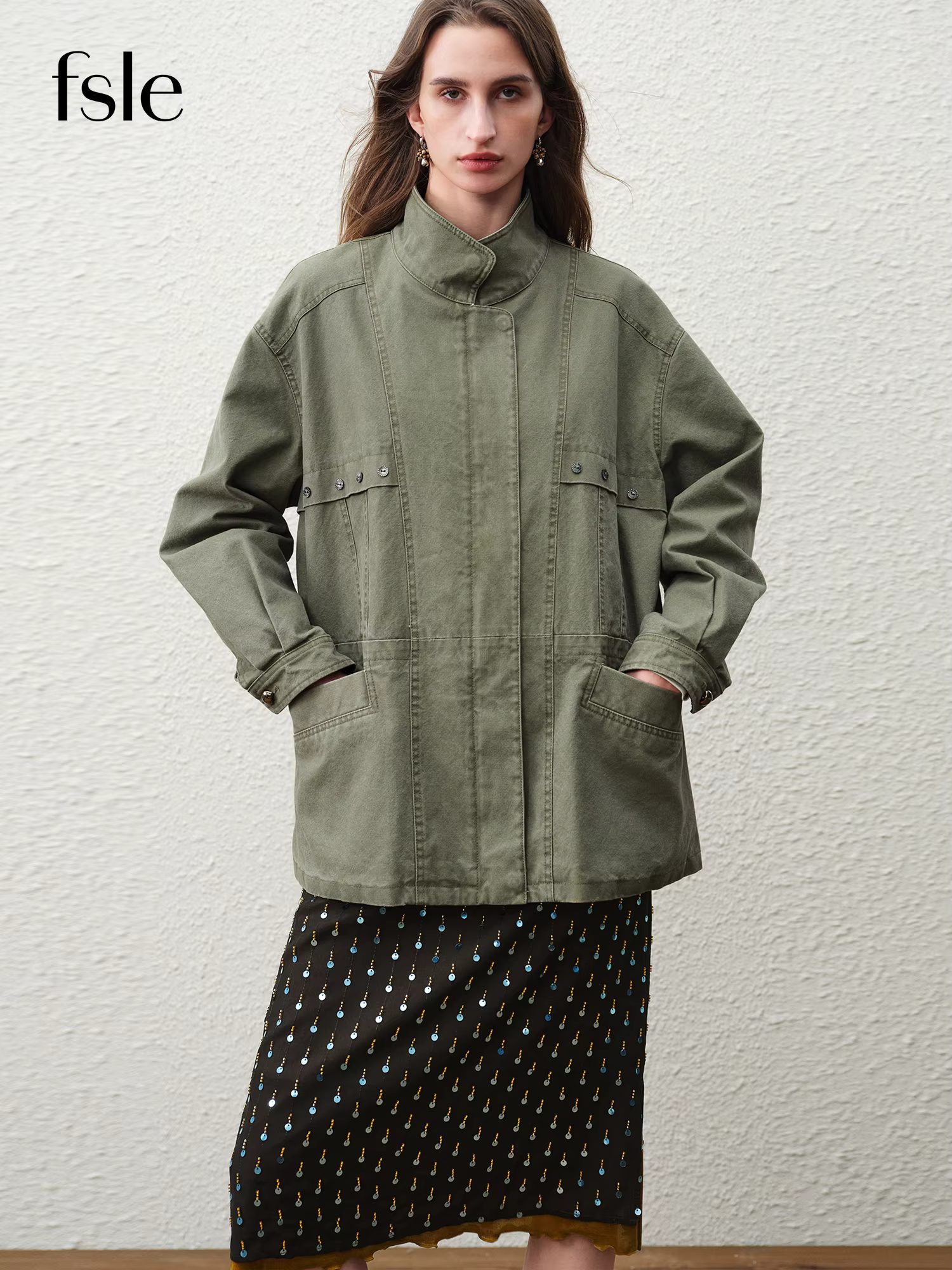 FSLE【Série Premium】Veste Courte Cargo Rétro Femme Printemps 2026 Col Montant Style Urbain Oversize