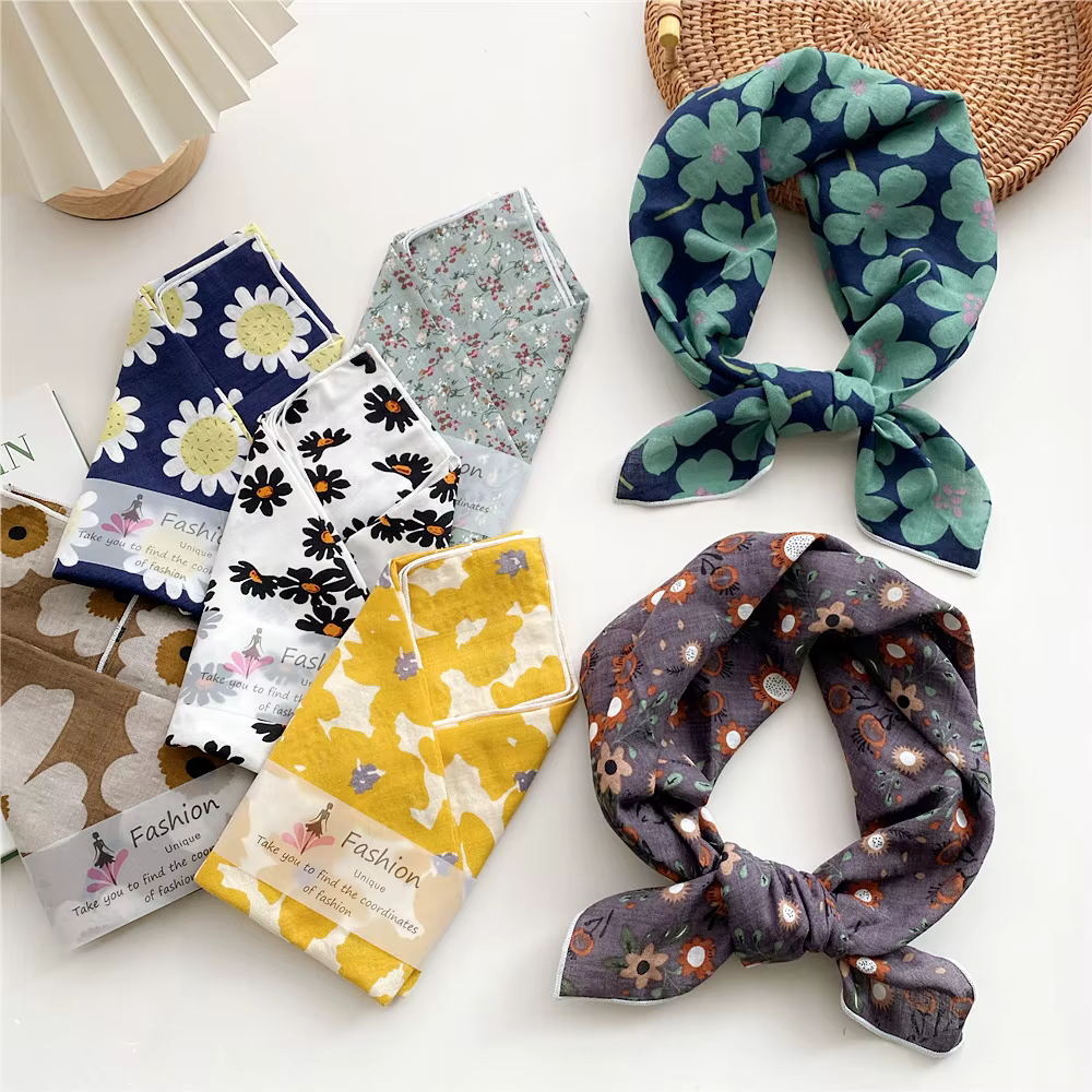 Foulard carré en coton et lin de 55 cm pour femmes, style coréen, pour étudiantes, mode printemps-au