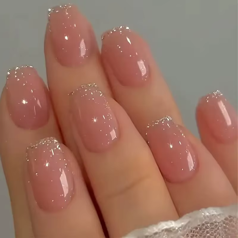 Faux ongles courts N64.avec poudre scintillante pour filles, nail art, couverture complète, français