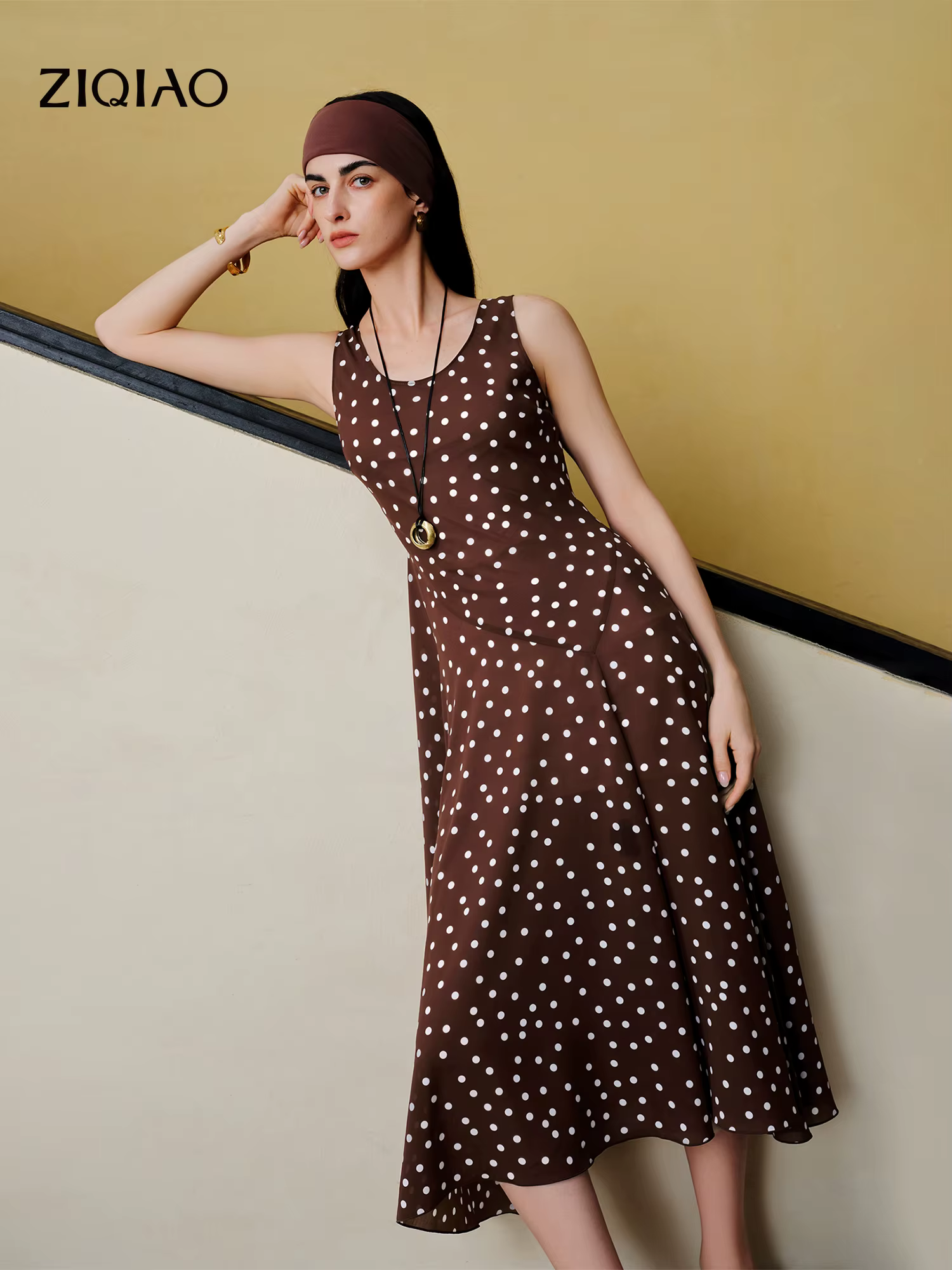 Robe nuisette diagonale rétro à pois en mousseline ZIQIAO pour femme, nouveau style été 2026, robe g