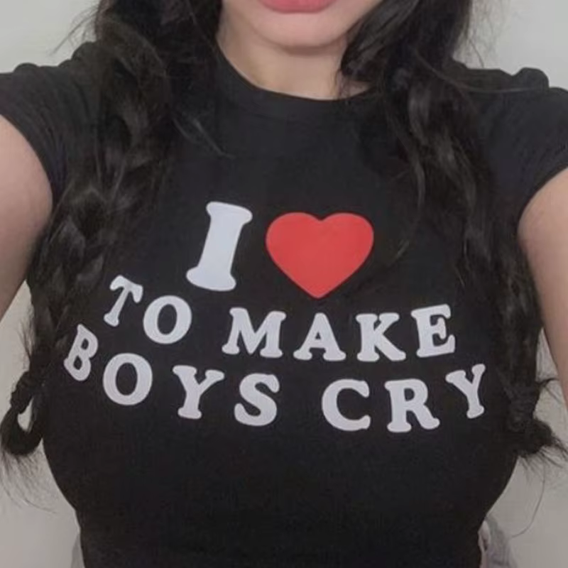T-shirt manches courtes femme, streetwear, estival et slim, avec lettres I Love to Make Boy Cry impr