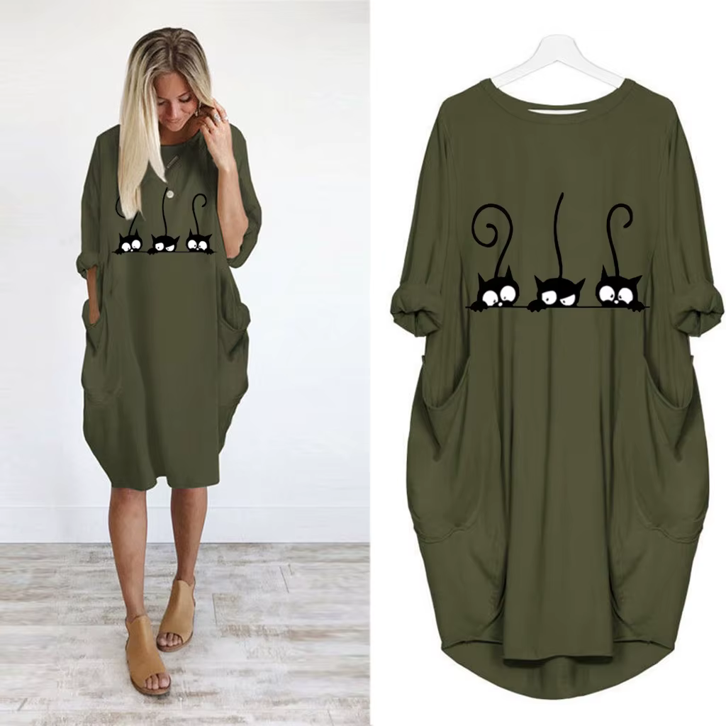 Robe ample à manches longues pour femmes, grande taille, automne hiver, décontractée, col rond, coul