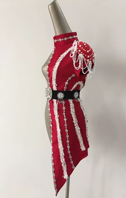 Costume de scène pour femme, bar, boîte de nuit, demi-body, mode, sequins, noir, rouge, patchwork, d
