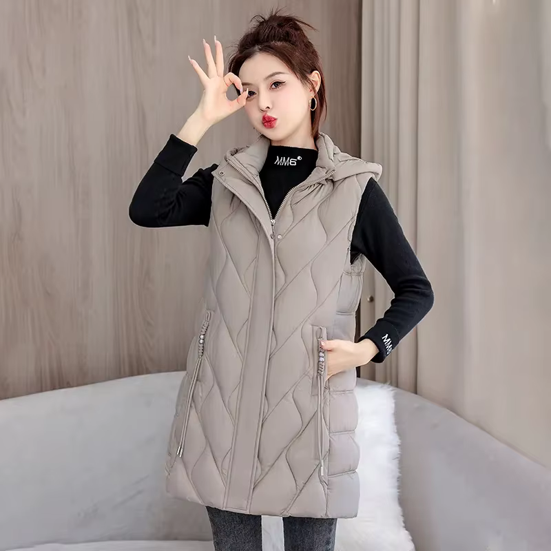 2025 automne hiver mi-long vers le bas coton veste femmes gilet manteau à capuche gilet décontracté 