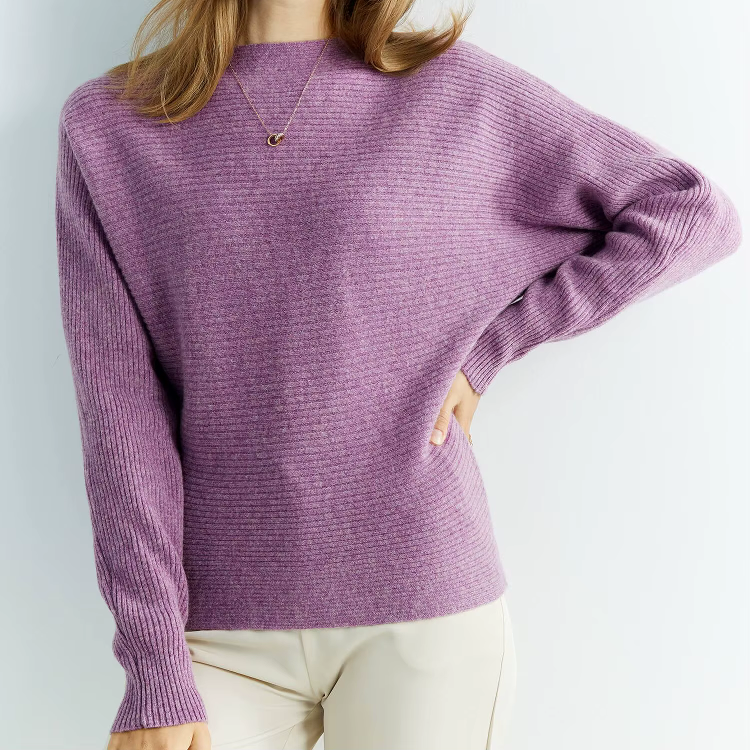 Pull tricoté en cachemire et laine mérinos pour femme, col rond, manches chauve-souris, vêtement d'h