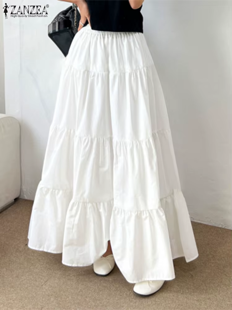 ZANZEA-Jupe Maxi à Plusieurs Niveaux pour Femmes, Taille artificiel astique, Décontracté, Solide, Do
