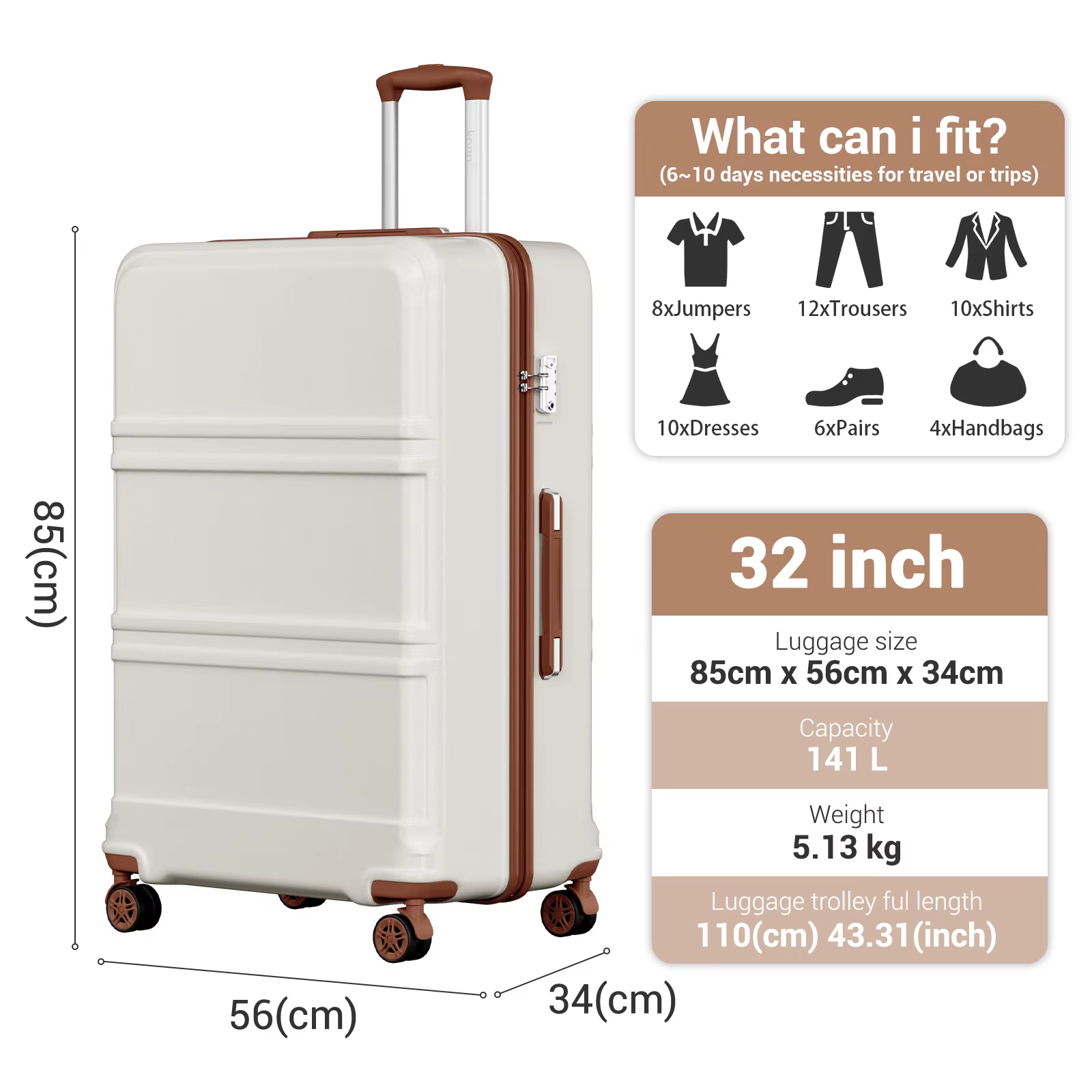 Étui rigide KONO de 32 pouces, chariots légers ABS + PC avec double roues, serrure TSA, valise (S/M/