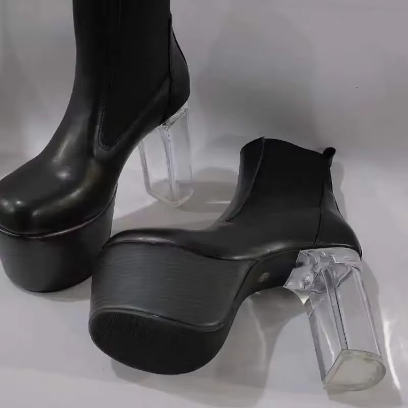 Bottines noires à plateforme et talon transparent pour femme, hiver 2026, bout rond, bottes courtes,