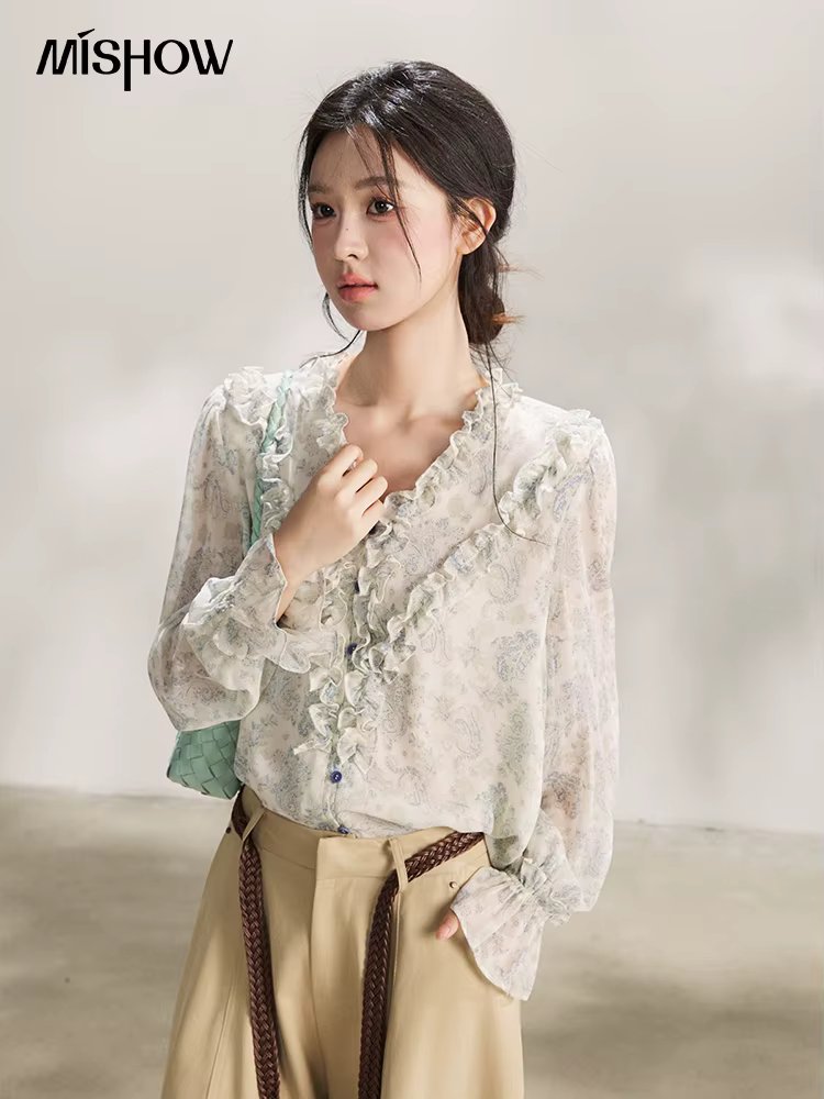MISHOW – chemisier à volants pour femmes, bleu clair, imprimé Paisley, col en v, manches longues, en