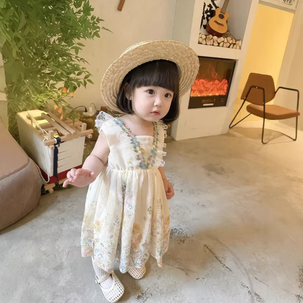 Mode 2-7 ans fille imprimer dentelle sans manches gilet princesse robes été Beige fleur enfants vête