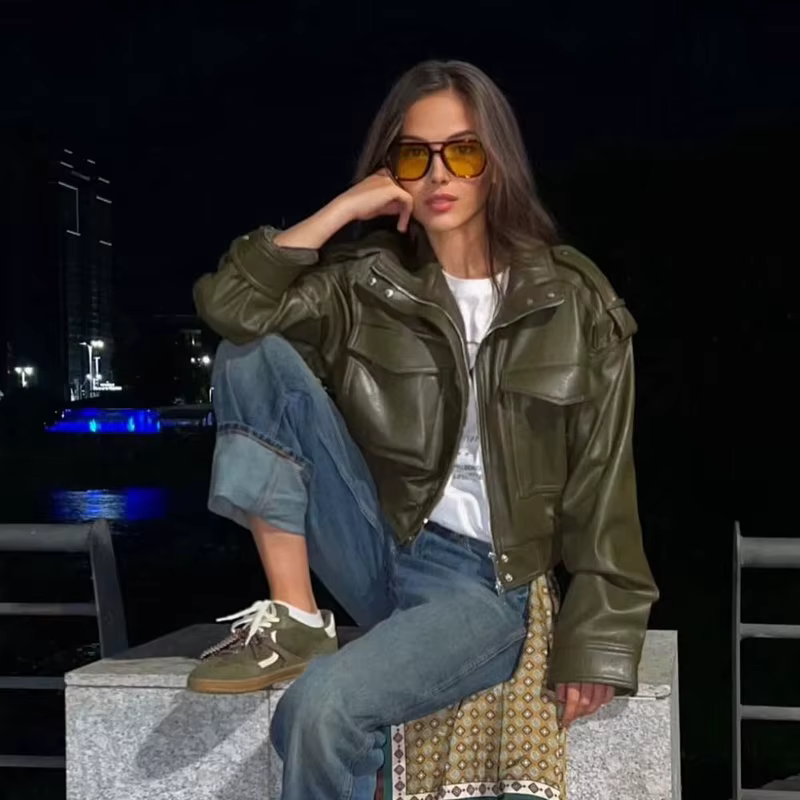 Veste femme veste simili cuir vert femme Demi-saison veste d'extérieur femme automne nouveau dans ma