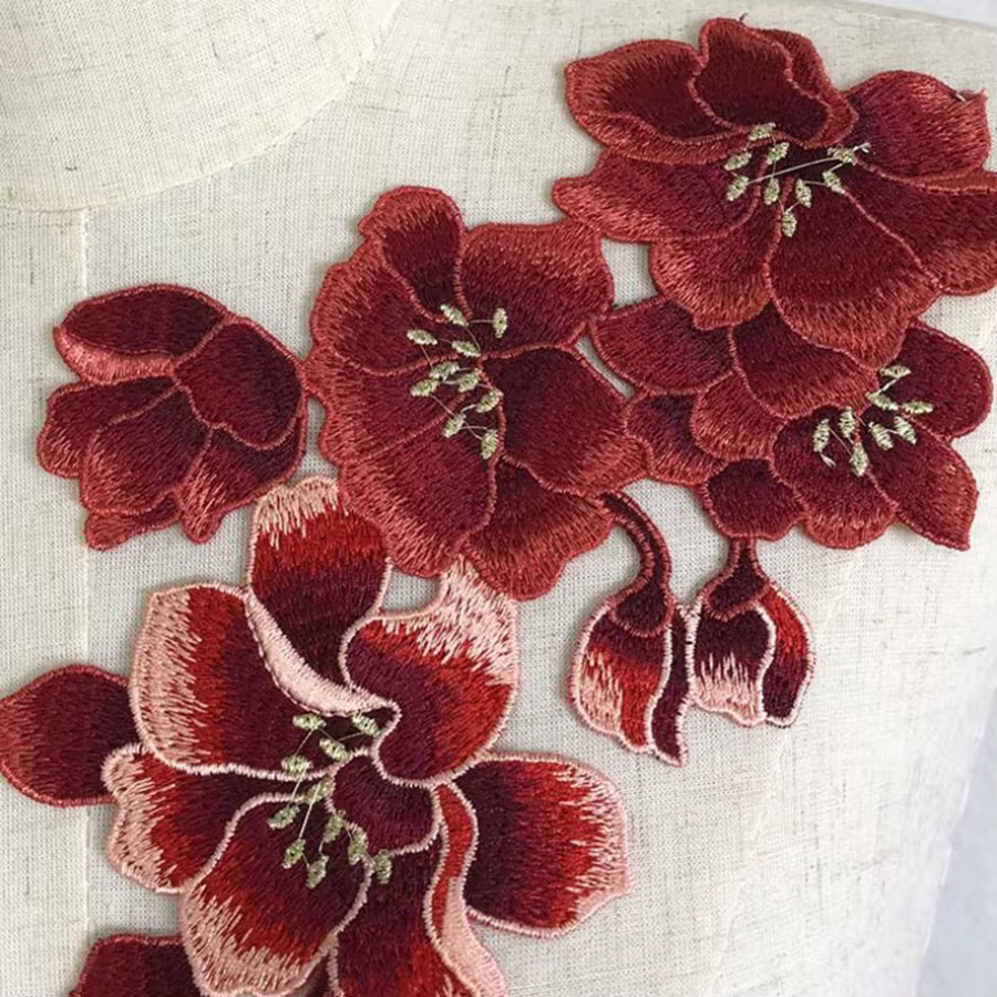 Patchs de broderie de fleurs de prunier rouge, autocollant en tissu pour vêtements, réparation de co