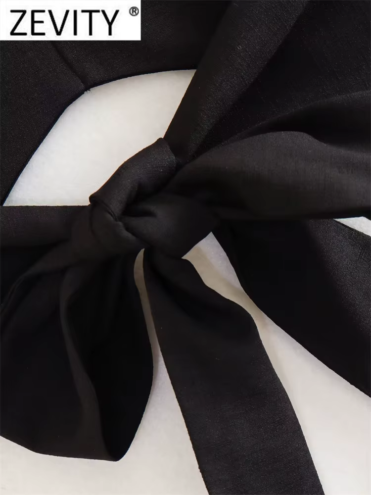 Zevity femmes Sexy sans manches dos nu nœud noué noir licou Blouse Femme sangle croisée chemise cour