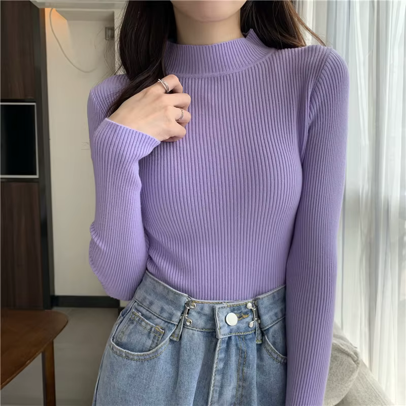 Pull basique en maille côtelée pour femme zjaiss 2026, col montant, doux, élastique, chaud, uni, sli
