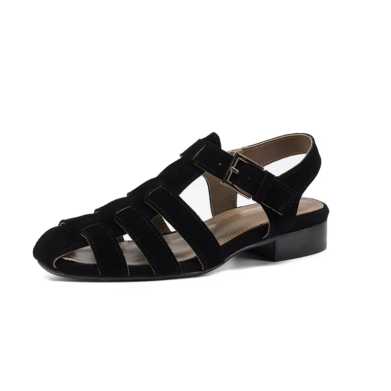Sandales de pêcheur tendance SmallHut Nouveauté 2026 en daim de vache pour femme, talons bas, noir, 