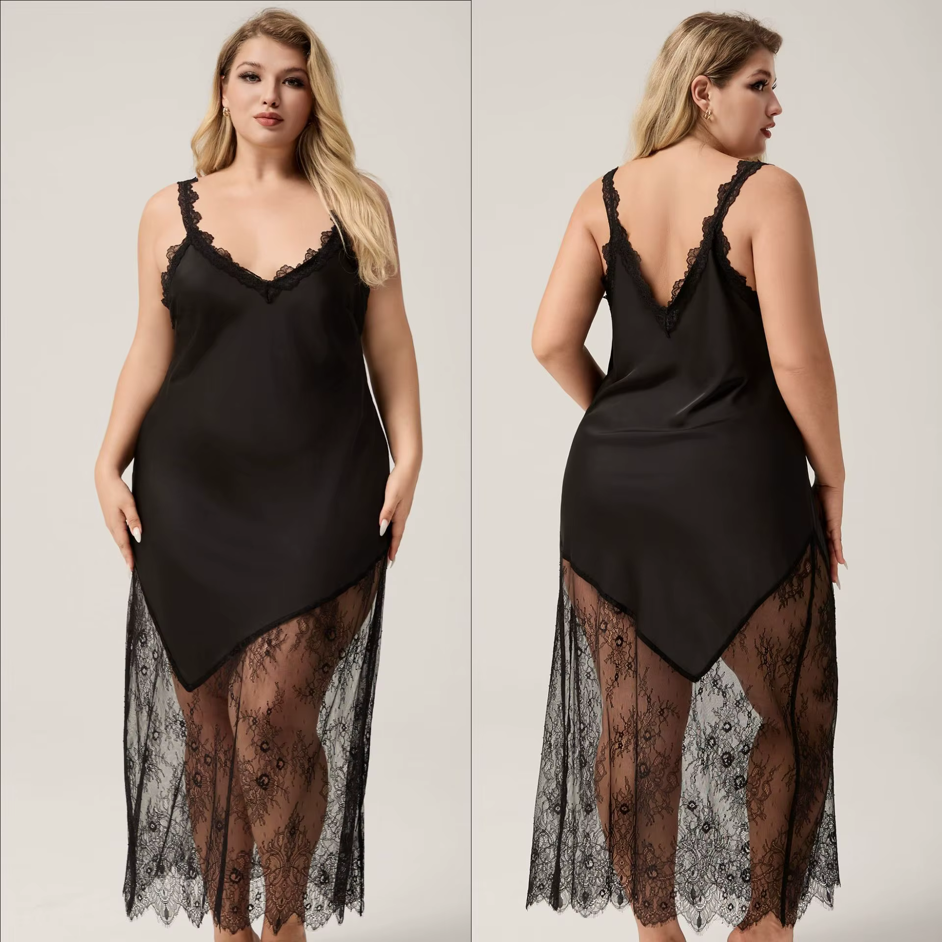 Été noir vêtements de nuit Sexy grand dentelle ourlet chemise de nuit femmes longue chemise de nuit 