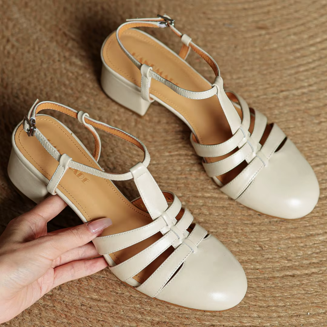 Danxuefei femmes en cuir de vache bande étroite tressé t-strap sandales 5 cm d'épaisseur med talon d