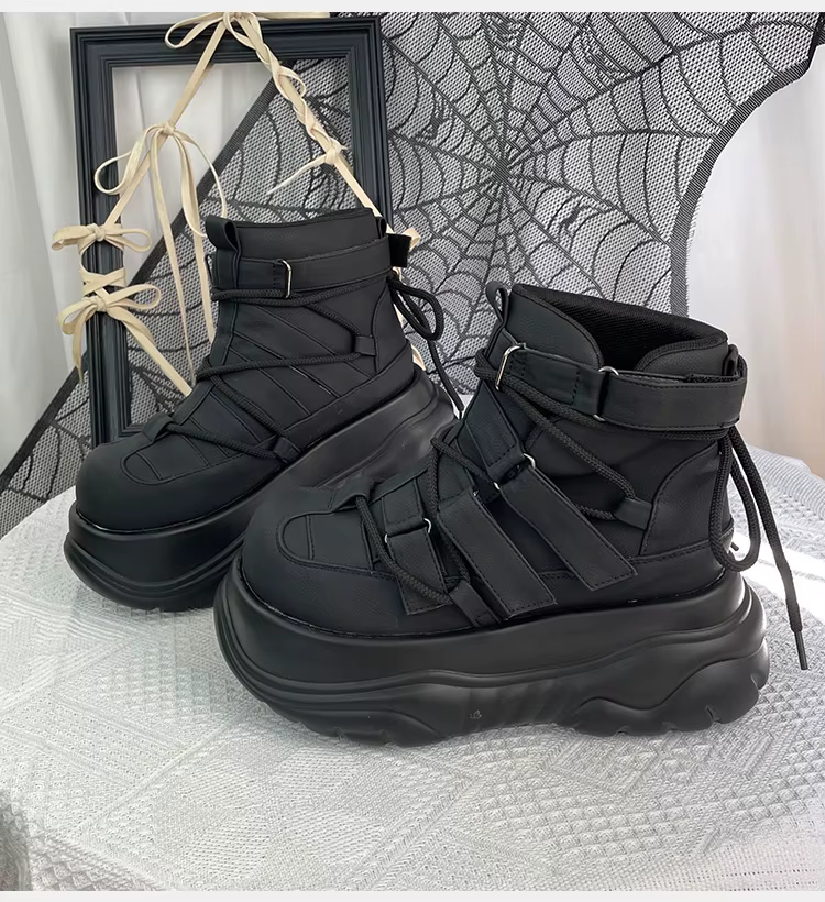 2025 Goth Dark Punk Rock Muffin femmes plate-forme chaussures noir mat cheville crochet et boucle bo