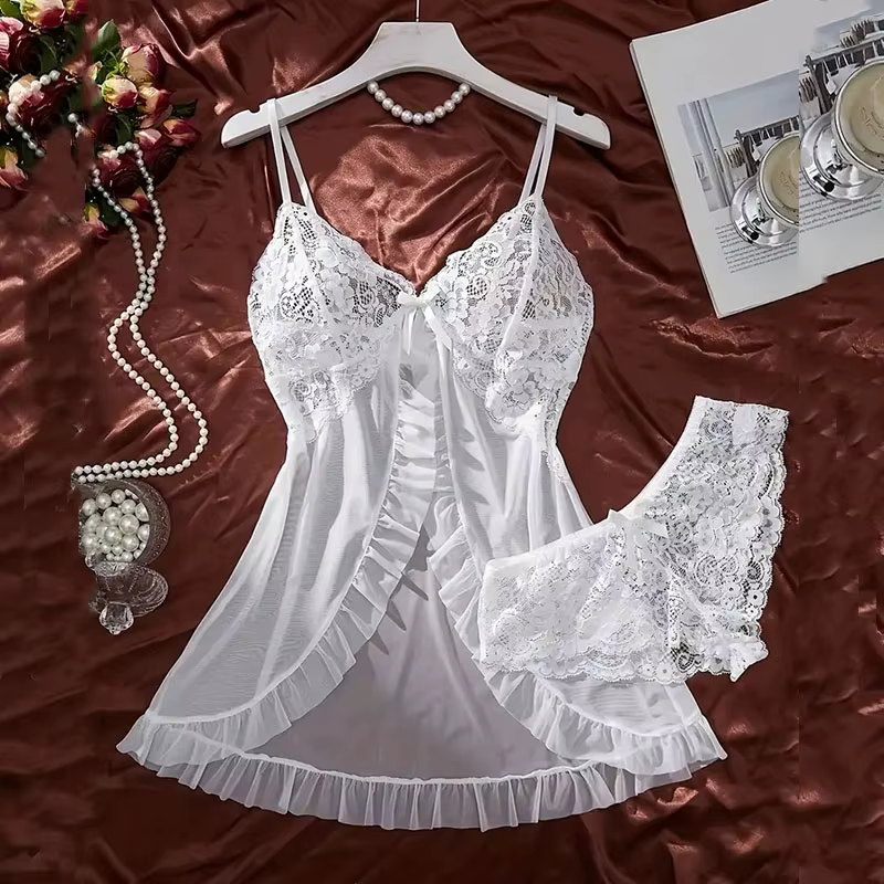 Tulle Ultra Sexy chemise de nuit col en v soutien-gorge ouvert sommeil jupe nuit robe érotique femme