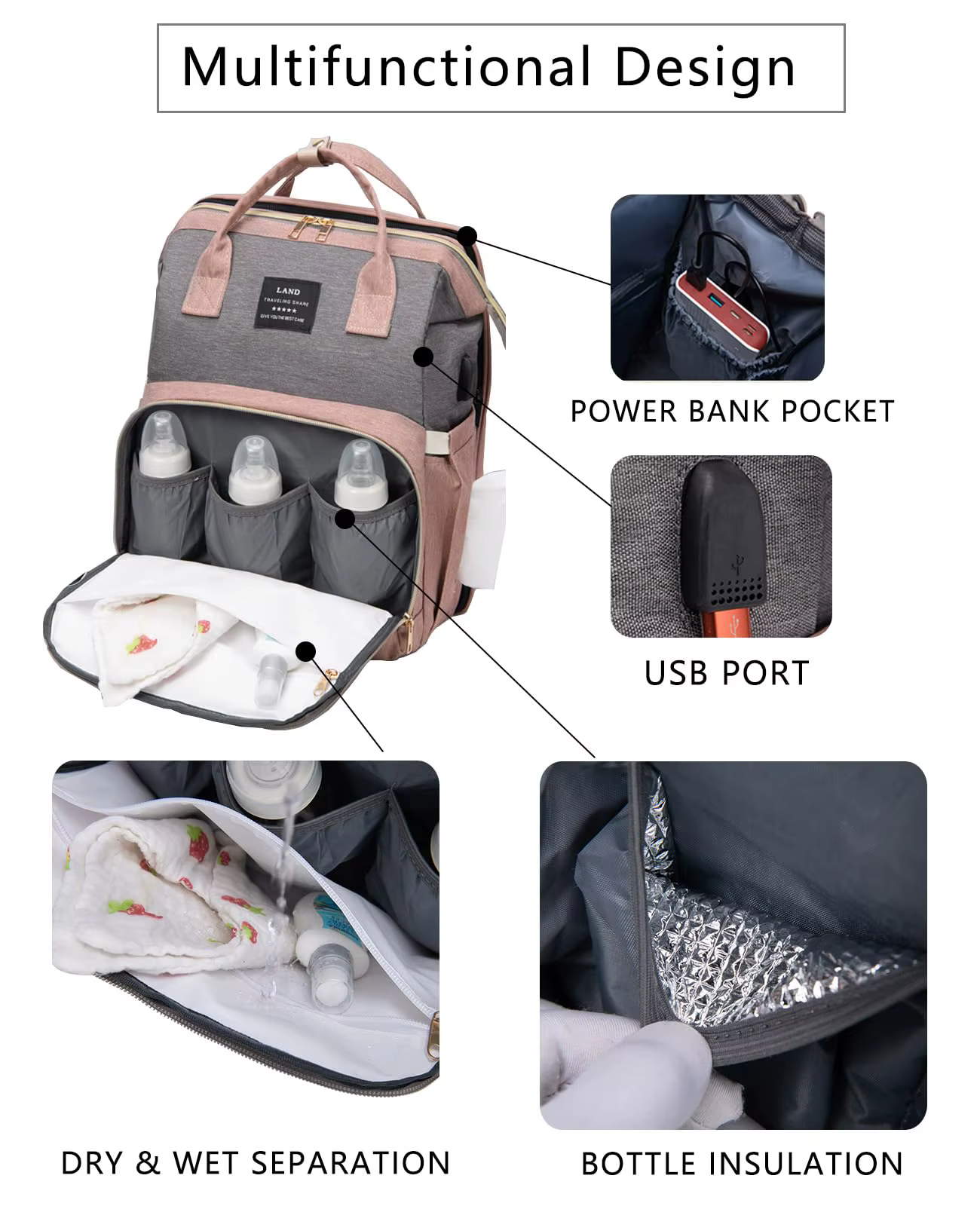 Sac à dos pour couches avec matelas à langer, grande capacité, sac de voyage pour bébé pour maman, i