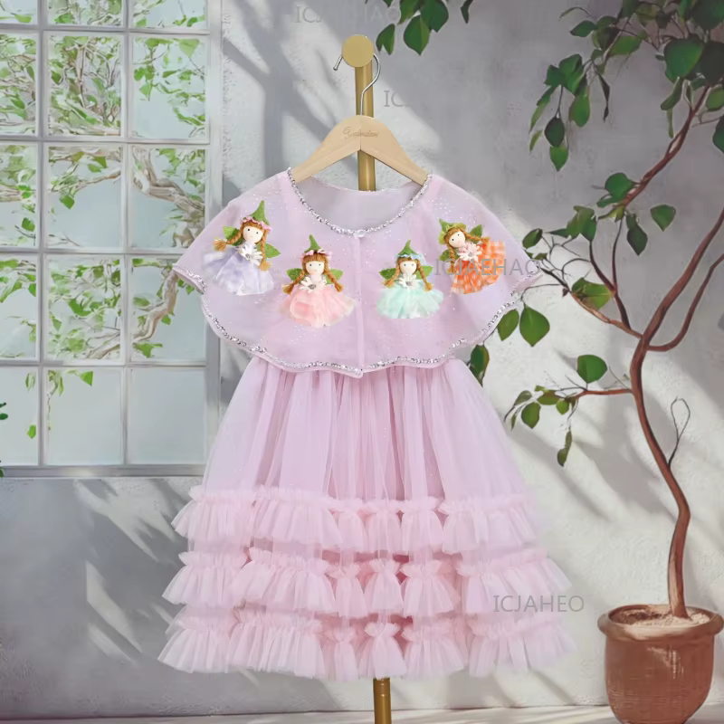 Robe de princesse rose faite à la main avec fleurs 3D pour anniversaire, tenue de soirée formelle po