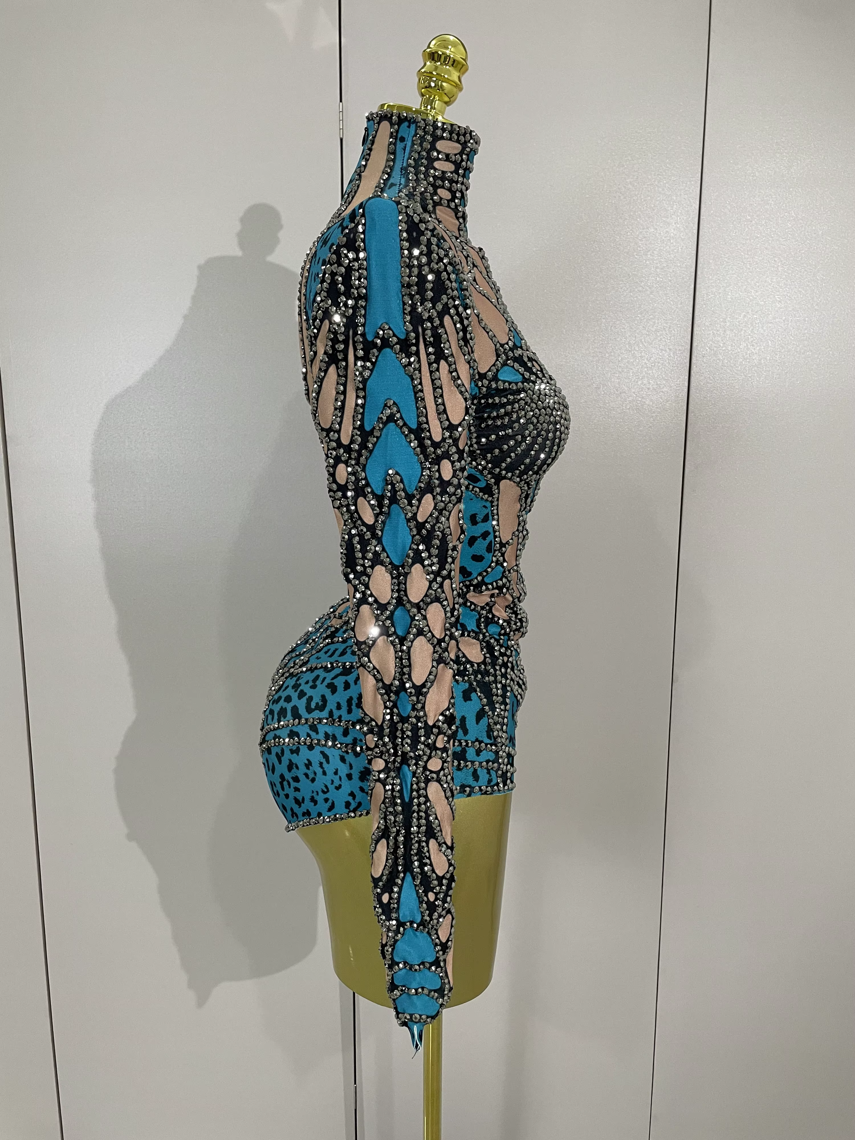 Body extensible à manches longues avec strass scintillants pour femmes, Costume de soirée de luxe po