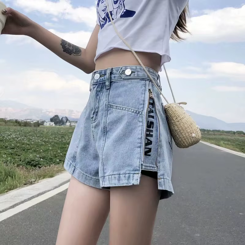 Shorts en jean noir Y2K coréen pour femme, taille haute, coupe trapèze, jambe large, amincissant, po