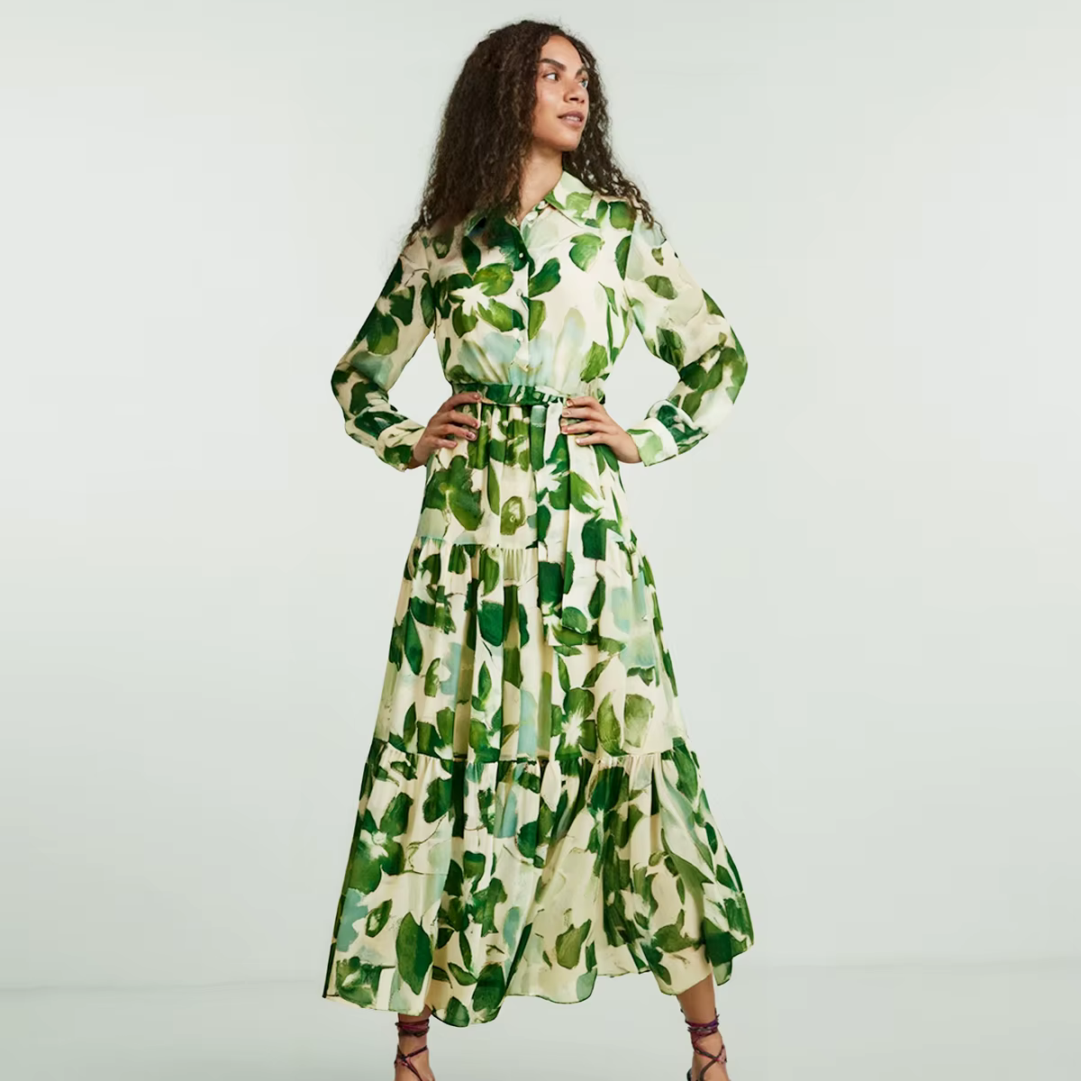 CHCH robe femme 2025 printemps nouveau col à manches longues fleur verte vacances