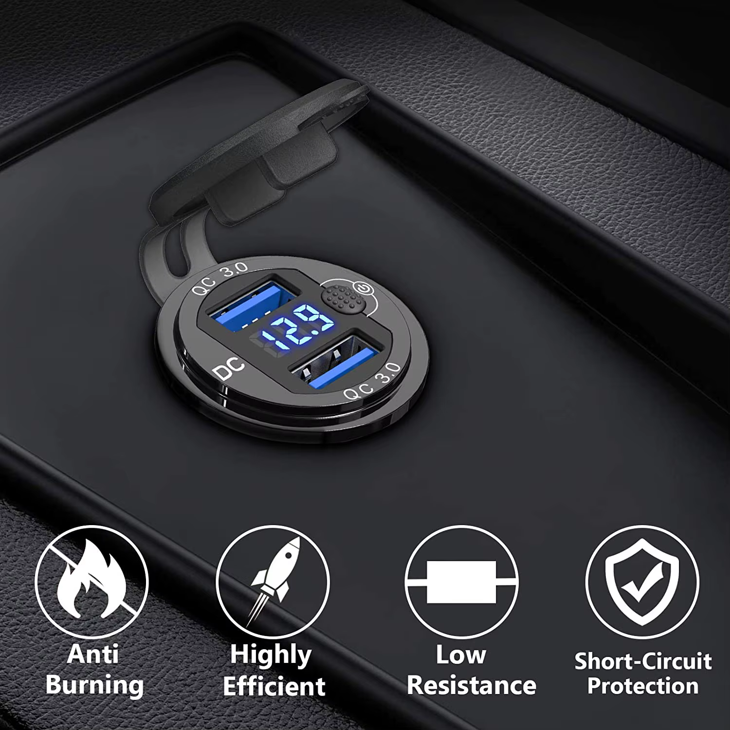 Adaptateur de chargeur automatique QC3.0 36W étanche avec interrupteur de voltmètre, prise de charge