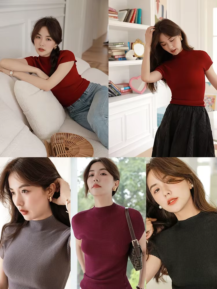 T-shirt plissé à manches courtes pour femmes, col haut, fouet de luxe léger, rouge, mince, été, haut