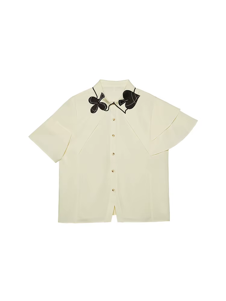 Chemise à manches courtes en forme de feuille de lotus pour femme, broderie poker, design original,