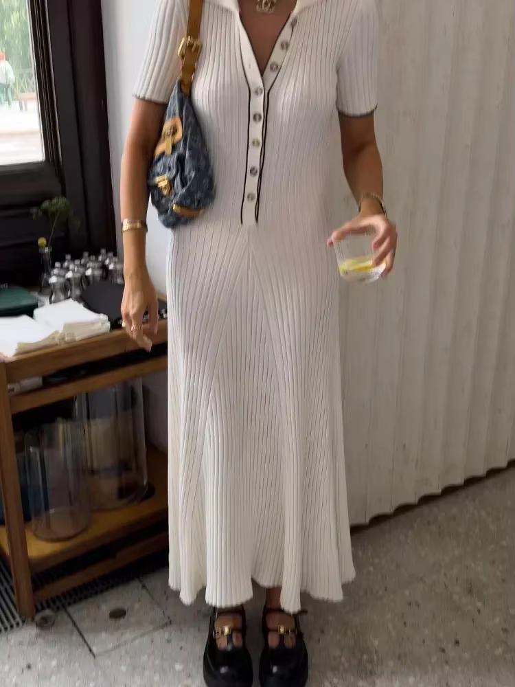 Tossy blanc tricot mode robe Maxi pour les femmes à manches courtes Patchwork robe de soirée élégant