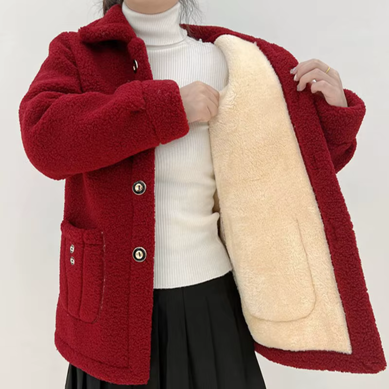 Manteau en fourrure d'agneau à simple boutonnage pour femme, veste décontractée pour femme, poche à 