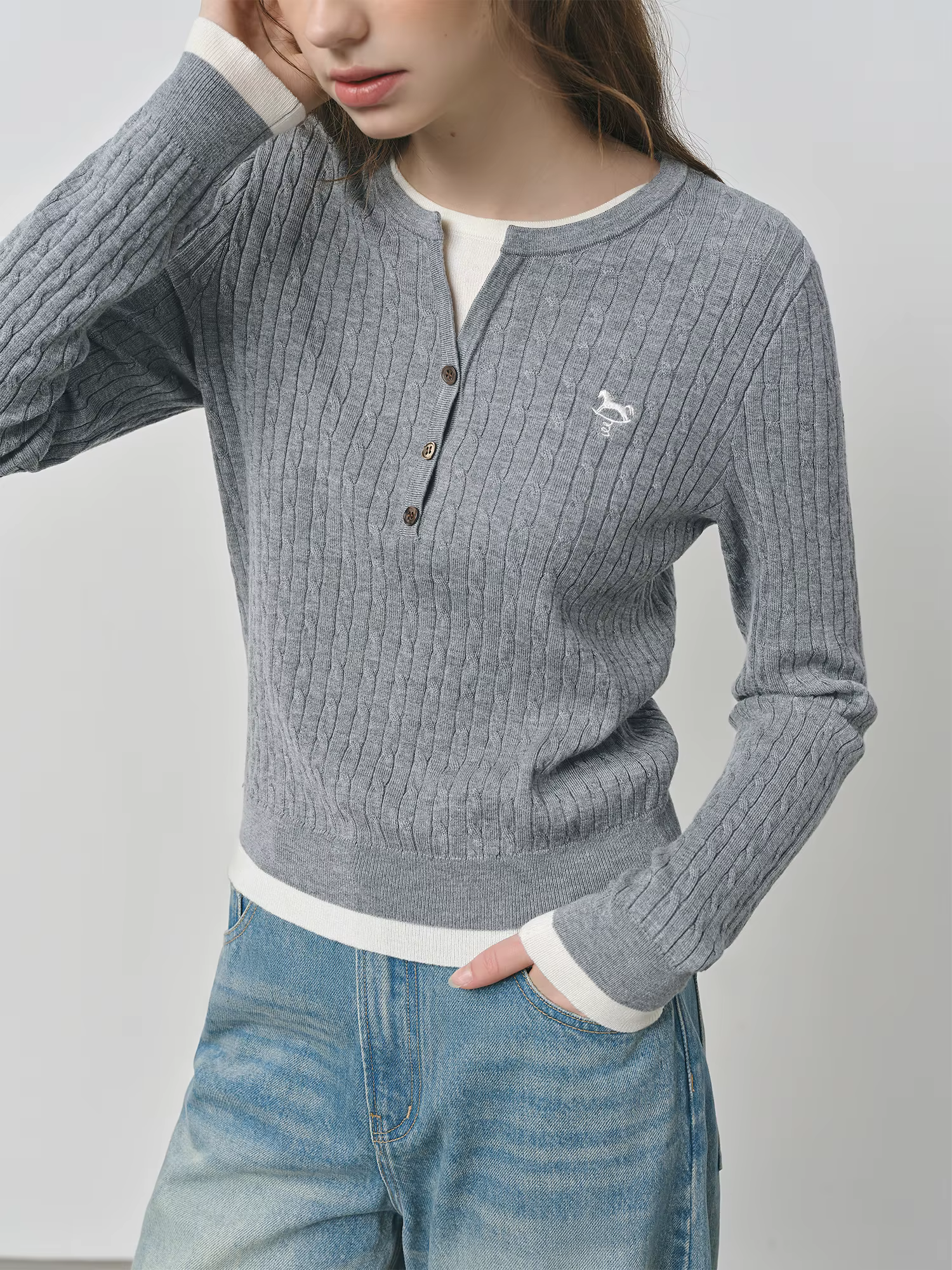 FSLE faux deux pièces Design câble tricot pull pour les femmes 2025 automne nouveau coupe ajustée br