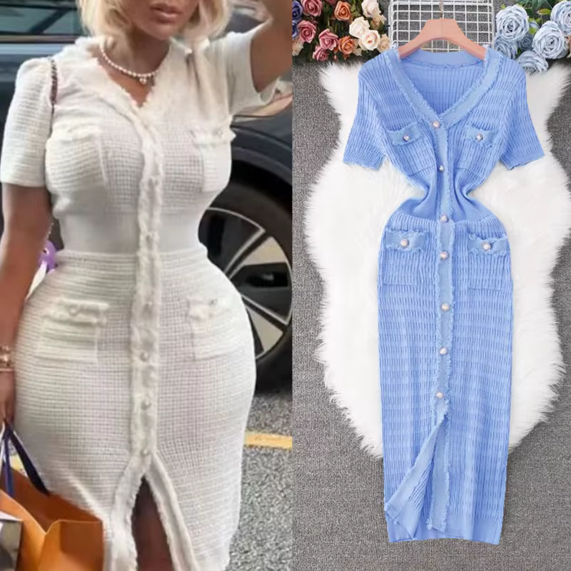 YuooMuoo 2026 nouveauté femmes tricoté longue robe élégante col en v simple boutonnage fendu robe pu