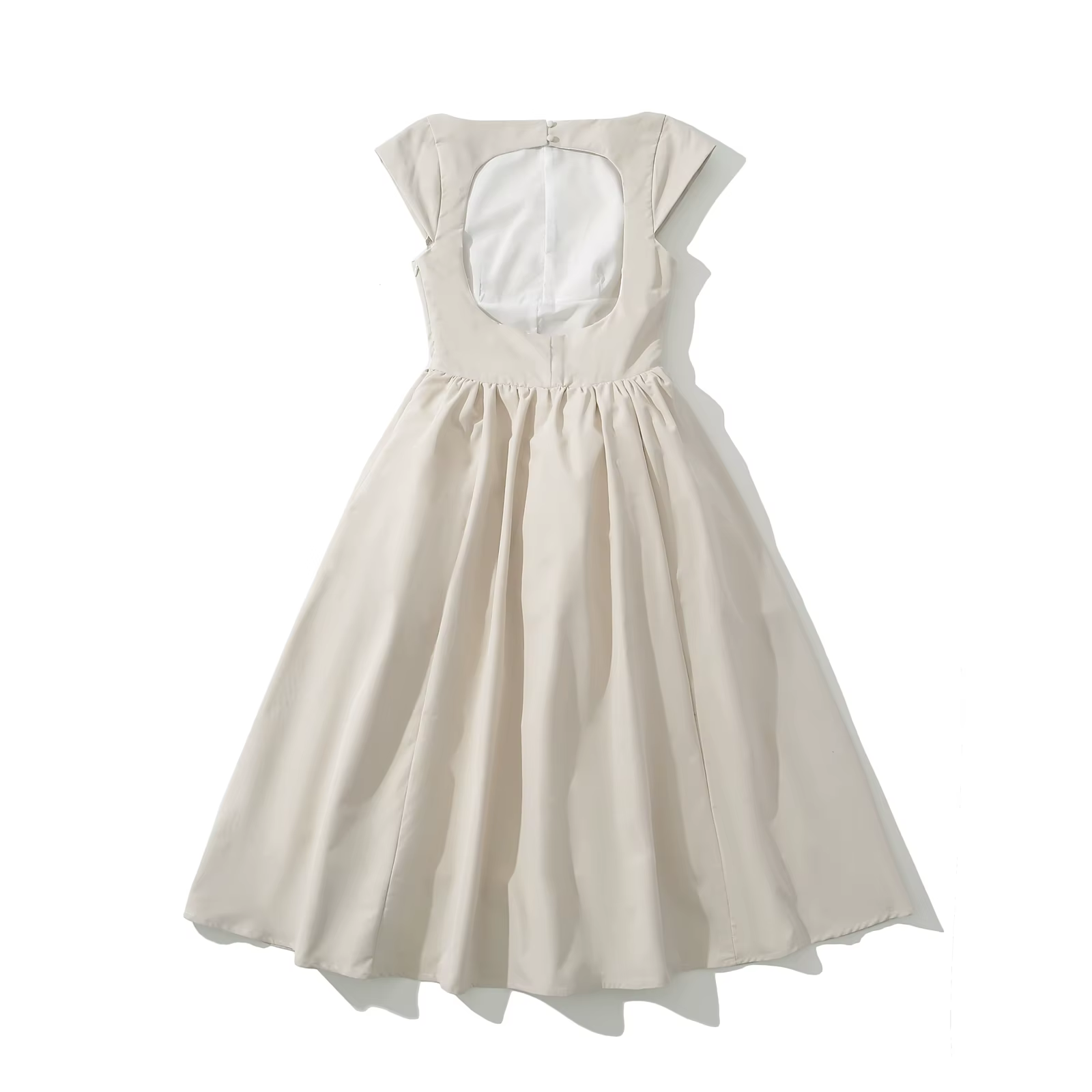 Robe mi-longue taille basse à manches courtes pour femmes, col slash sexy, dos nu évidé, robe trapèz