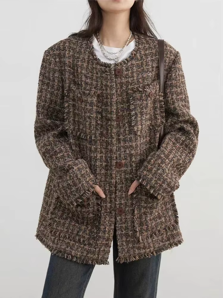 CHIC VEN-Manteau à simple boutonnage pour femme, veste rétro adt, design à bord effiloché, haut fémi