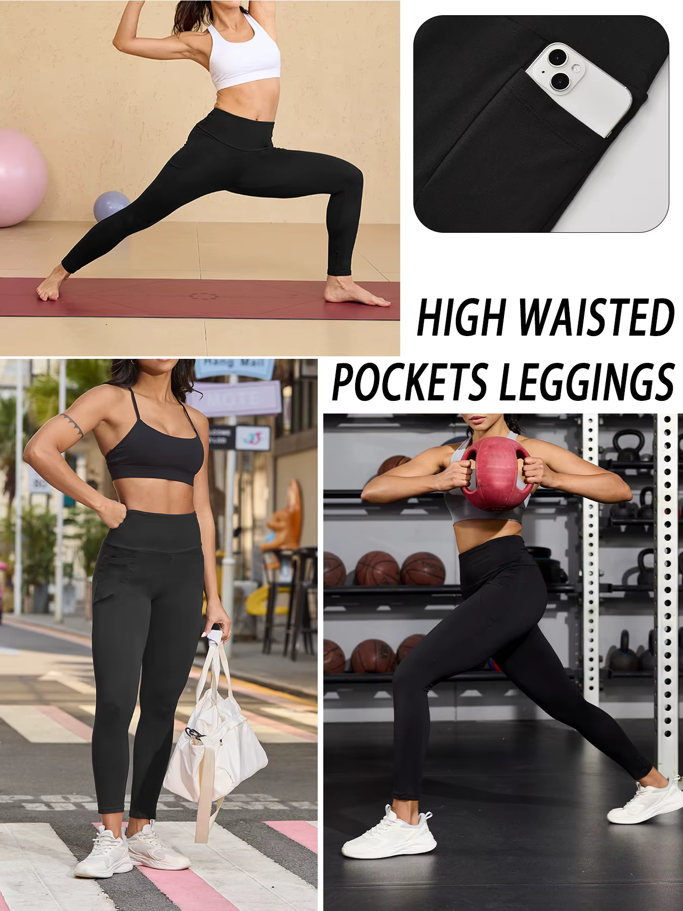 Leggings thermiques d'hiver pour femmes avec poches – Collants chauds épais taille haute doublés en 