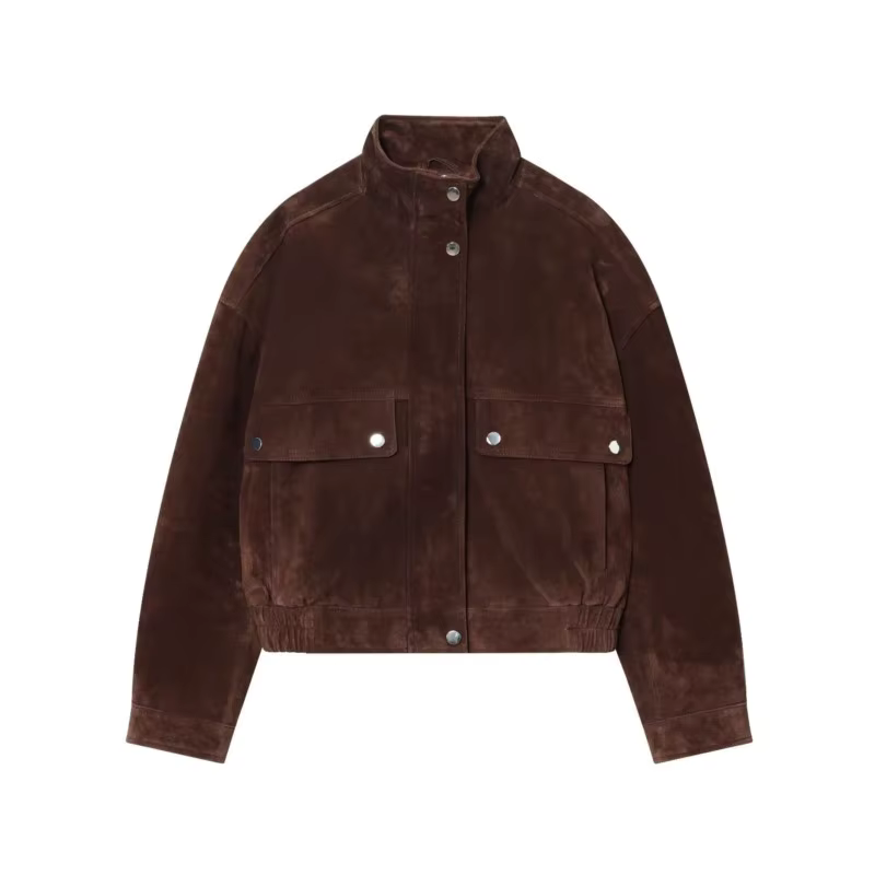 Femmes veste en cuir suédé avec poches automne mode col haut à manches longues bouton veste dame man