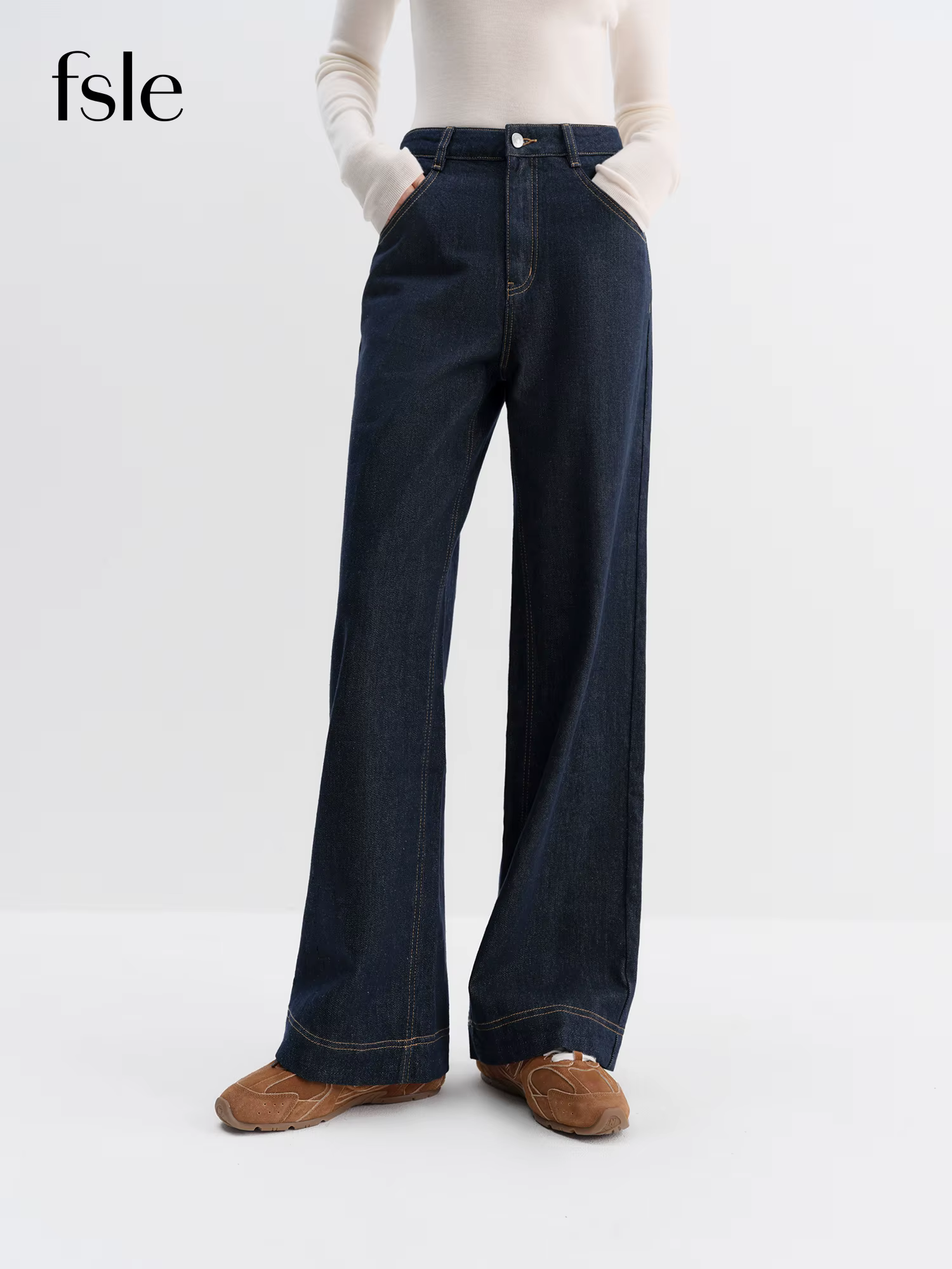 FSLE jean droit taille haute pour femmes hiver solide Simple tout-match 2025 nouveau pantalon polyva