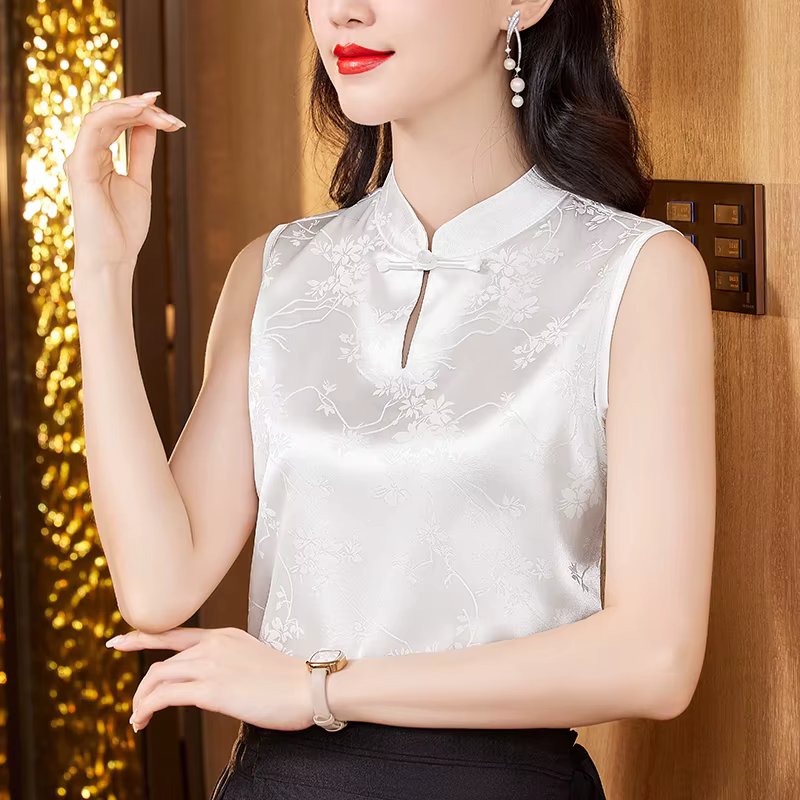 Chemisier en satin jacquard pour femme, chemise à col montant, fibres glacées, style rétro, mode