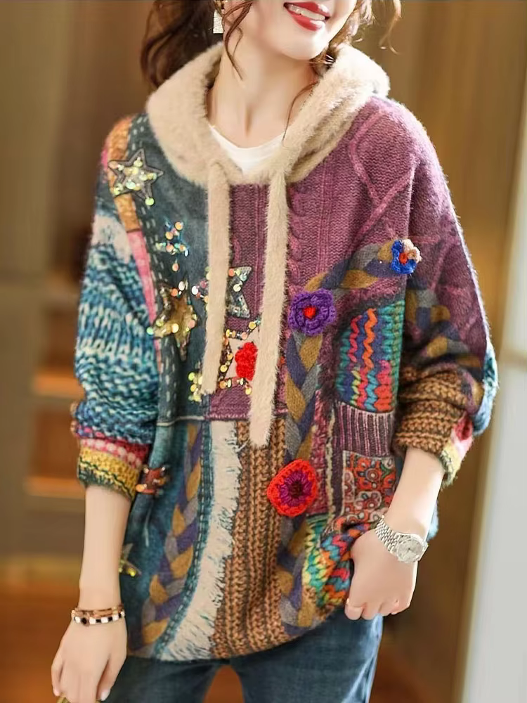 Amax luluE hiver coréen femmes de luxe à capuche imprimé paillettes tricoté chandails femme mode pul
