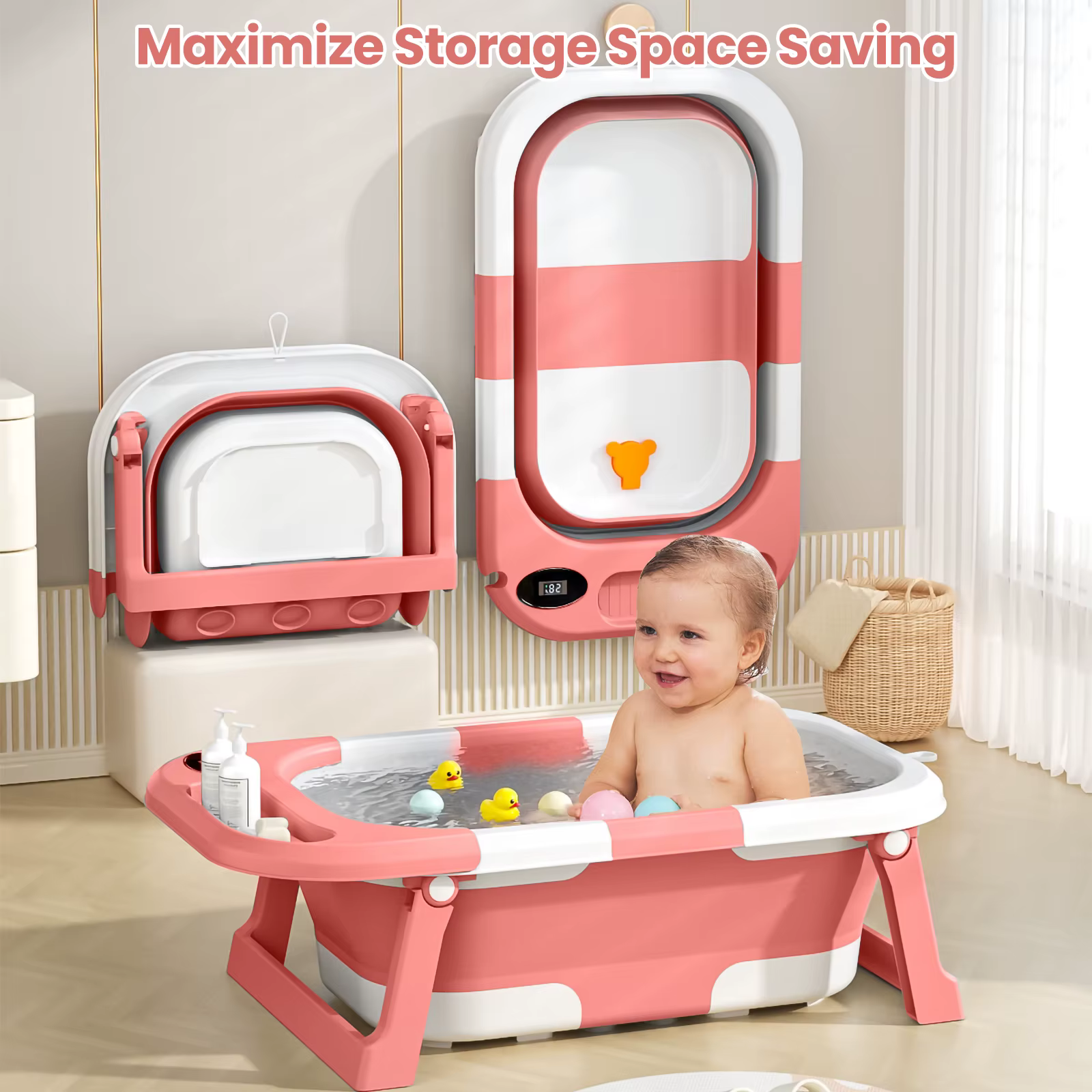 Baignoire pliable pour nouveau-né avec trou de vidange, baignoire pour tout-petits avec coussin soup