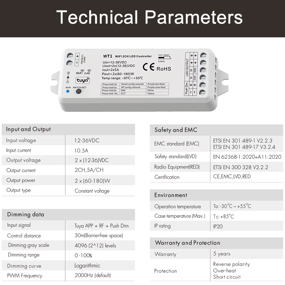 Kit de contrôleur de gradation de bande LED CCT, variateur intelligent, télécommande RF, interrupteu