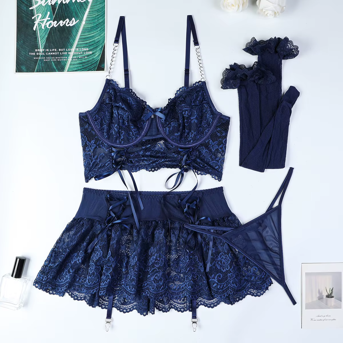 Ensembles de lingerie sexy en dentelle pour femmes, 4 pièces, sous-vêtements exotiques, costumes éro