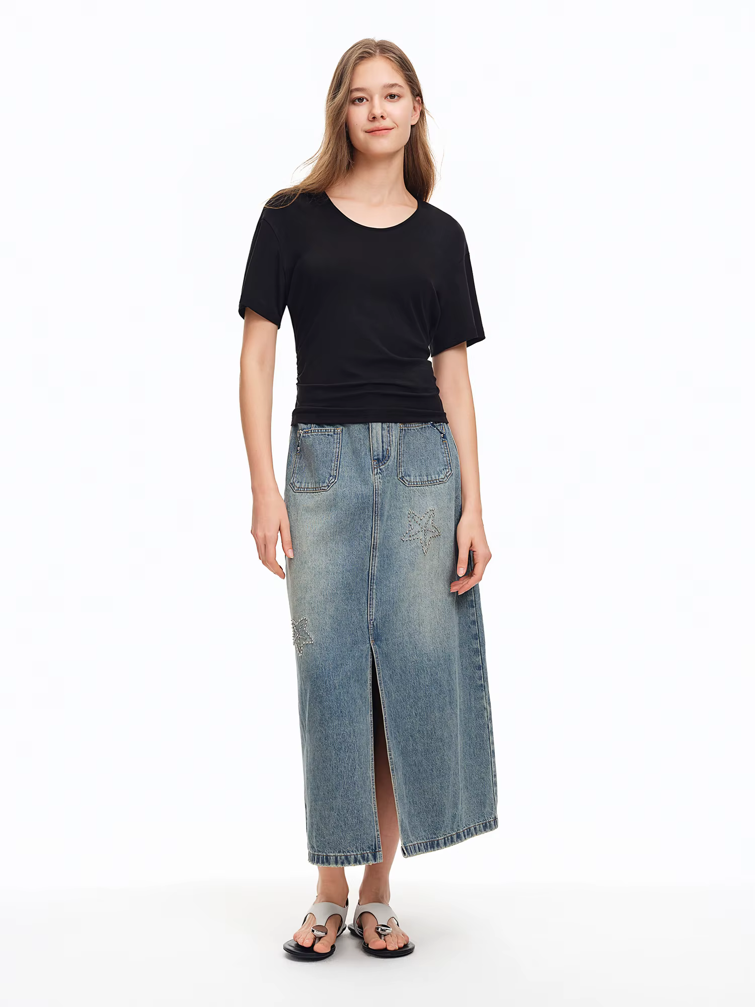 DUSHU 2026 Nouvelle Jupe Midi en Jean Brodé Étoile de Mer pour Femme, Jupe Longue Vintage Coupe Trap
