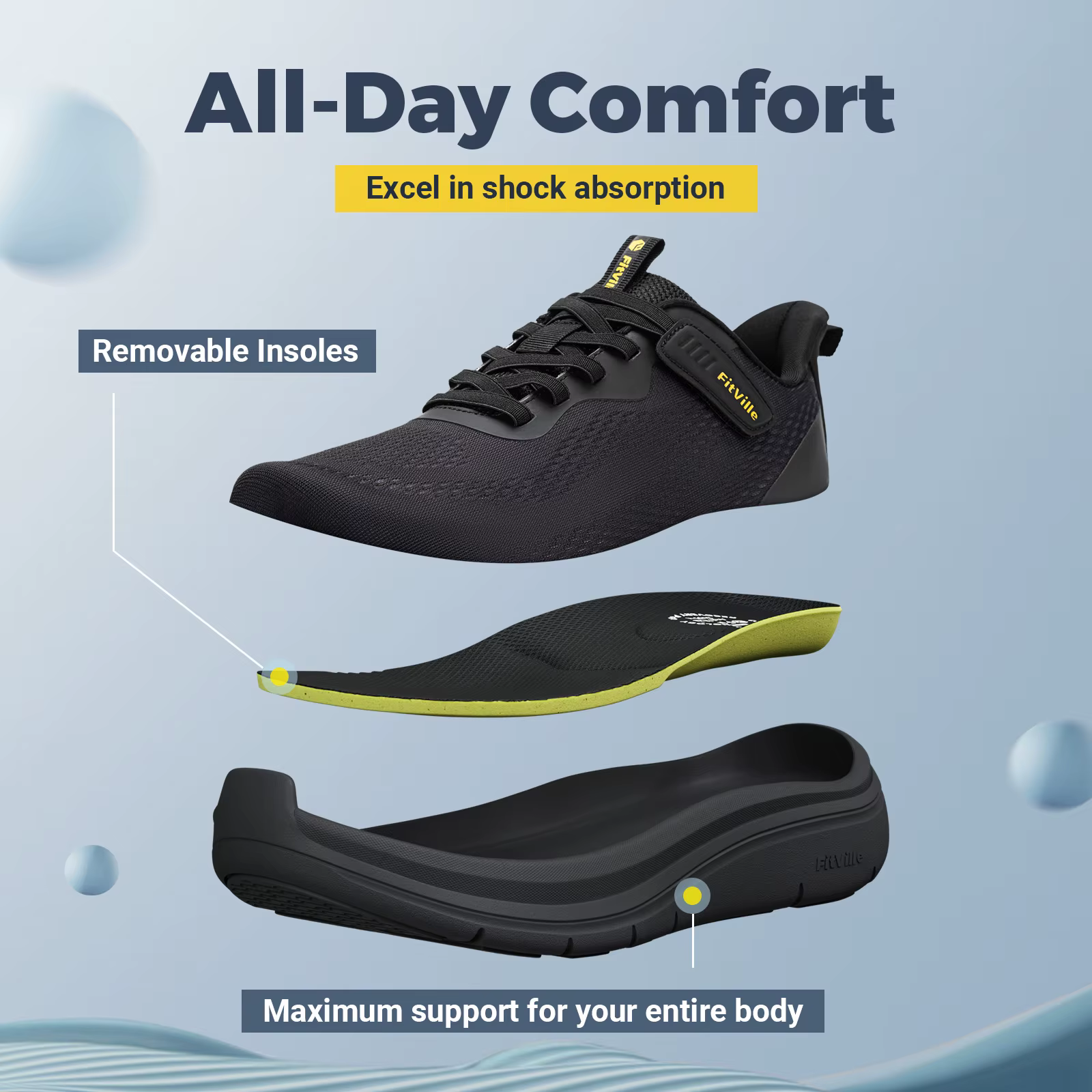FitVille – chaussures de marche larges pour hommes, chaussures de course légères, baskets avec souti