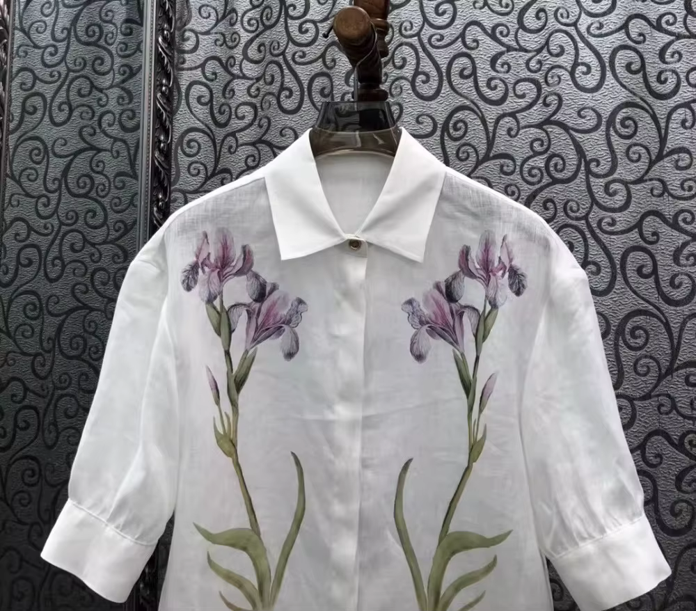 Chemisier 100% Lin pour Femme, Style Printemps-Été 2026, Col Rabattu, Imprimé Floral Violet, Manches