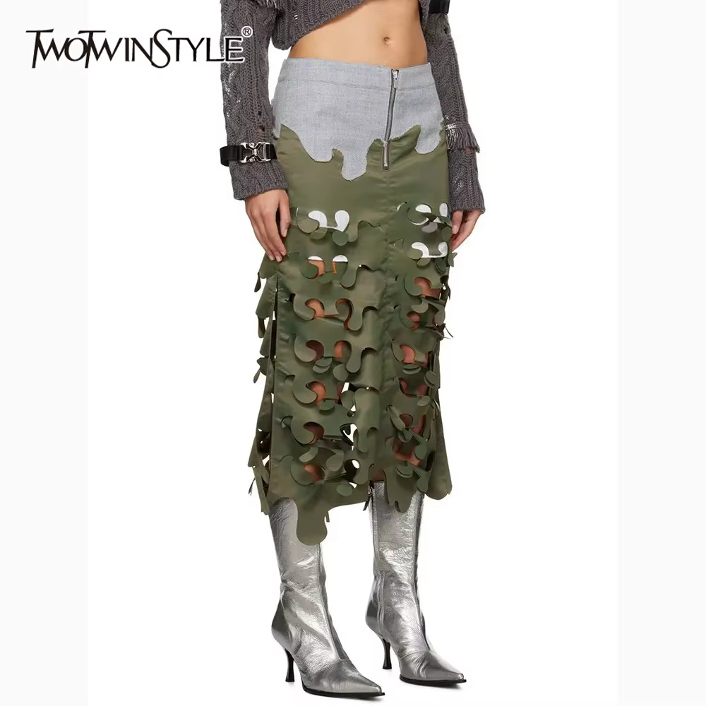 TWOTWINSTYLE Hit Couleur Minceur Jupes Pour Femmes Taille Haute Spliced Zipper Évider Irregualr Stre