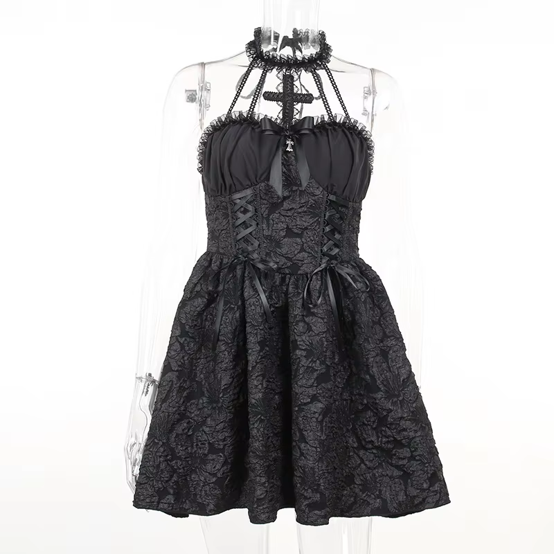 Mini robe gothique noire vintage pour femmes, robes taille haute, bretelles spaghetti sexy, punk gru